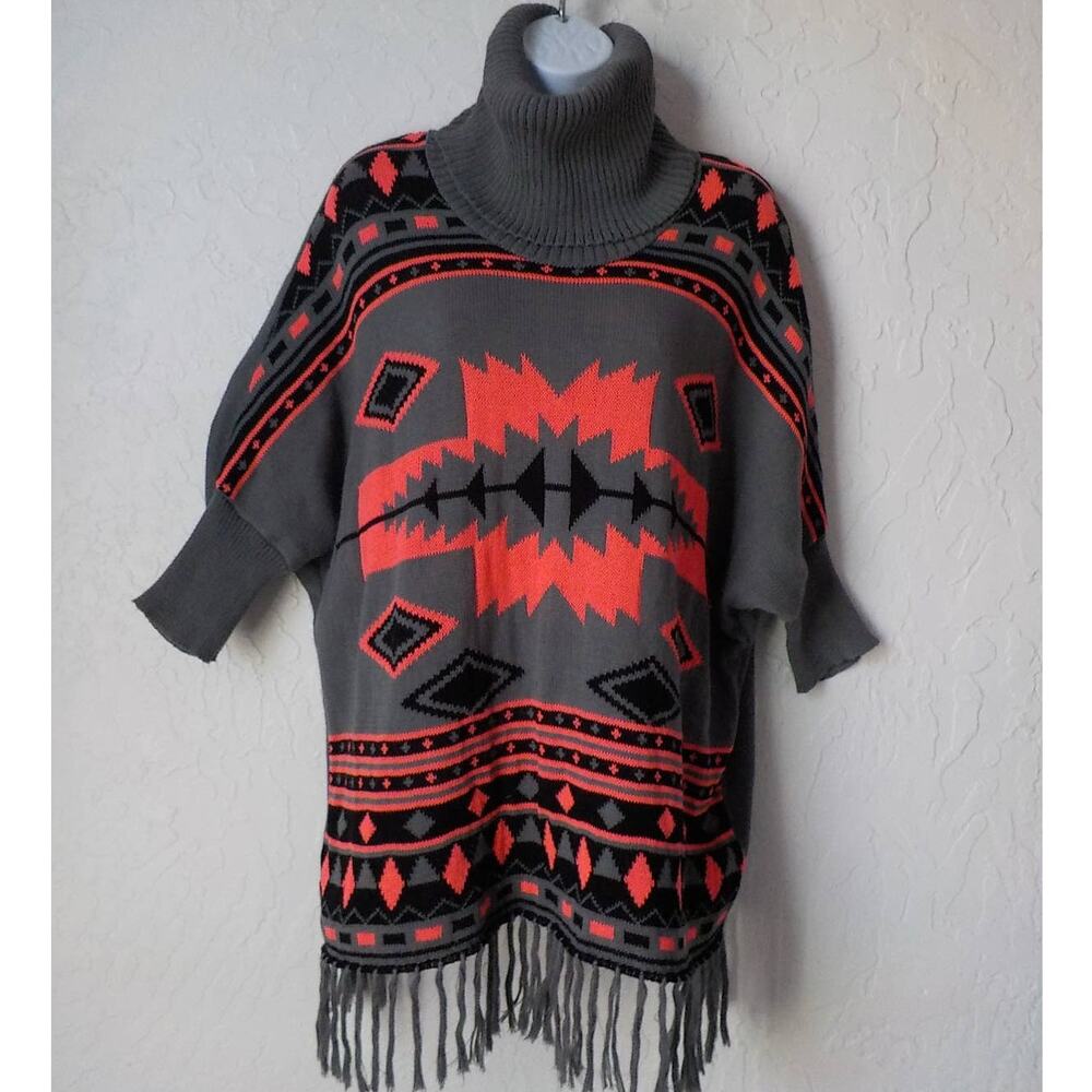 Derek Heart Gray Turtle Neck Sweater Women Large Frayed Hem Pink Western Aztec